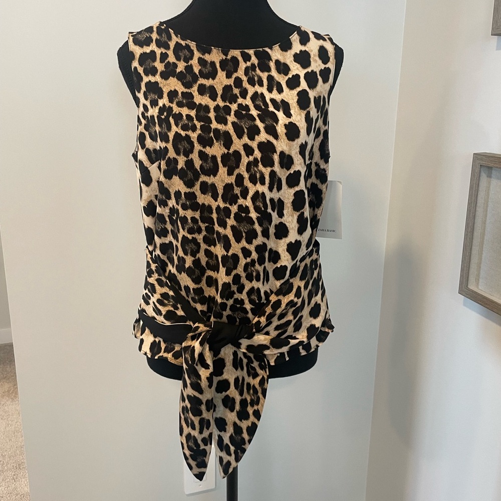 Zara Leopard Print Tie-Front Sleeveless Blouse in Tan and Black